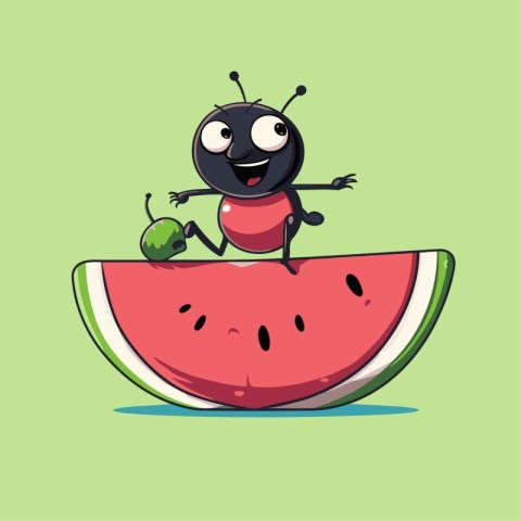 Cute black ant holding a slice of watermelon. Vector illustratio