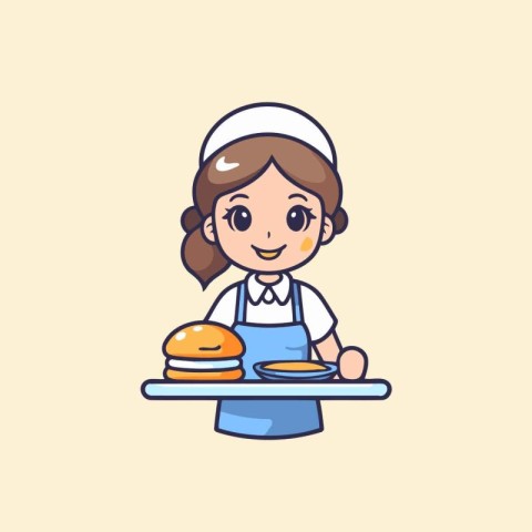 Cute chef girl in apron and hat holding plate with hamburger. Ve