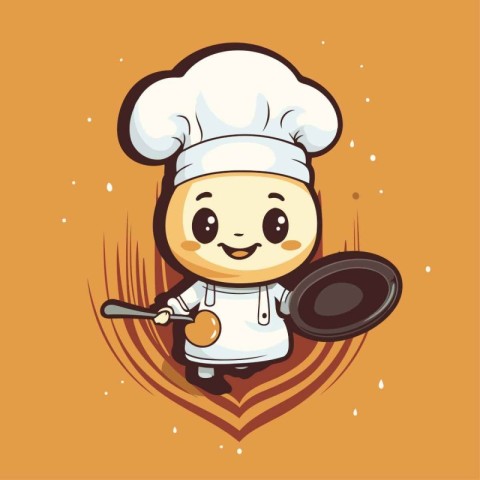 Cute cartoon chef boy with pan on orange background. Vector illu