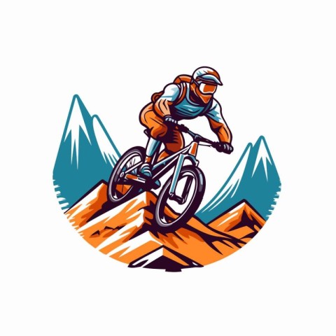 Mountain biker riding on the top of the mountain. vector illustr