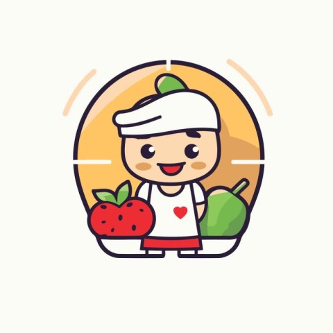 Cute chef with fresh fruits and vegetables in cartoon style. Vec