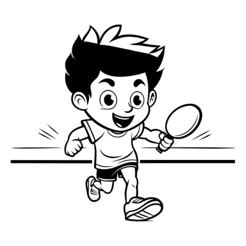 Cartoon illustration of a boy playing badminton - Coloring book