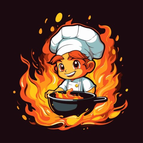 Illustration of a cartoon chef with a frying pan on fire backgro