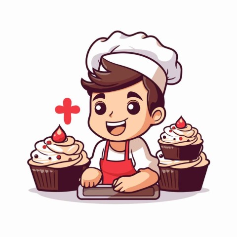 Cute chef with cupcakes. Vector illustration of a cartoon charac