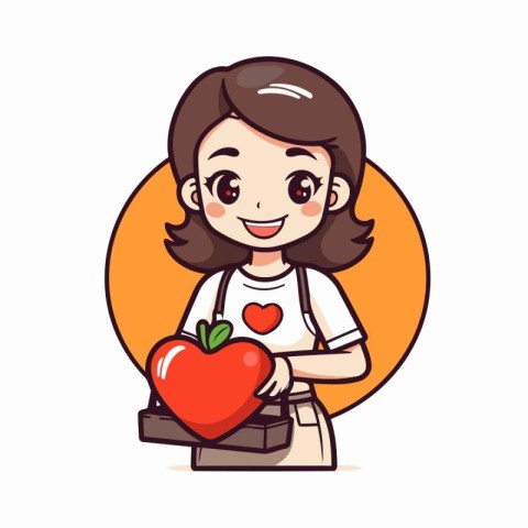 Cute cartoon girl holding fresh red heart in her hands. Vector i