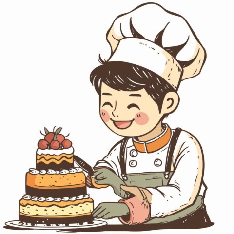 Illustration of a boy chef decorating a cake with strawberries.