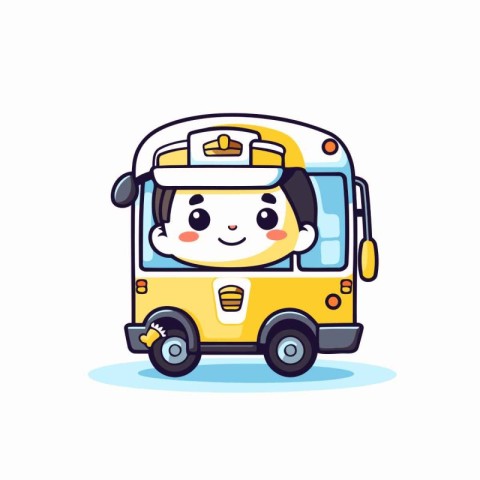 Cute little boy in uniform driving a school bus. Vector illustra