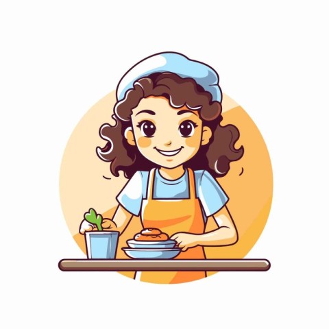 Cute little girl in apron serving food. Vector illustration.