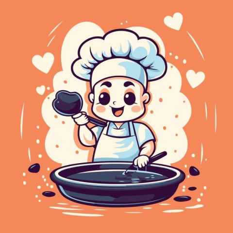 Illustration of a Cute Cartoon Chef Holding a Spoon While Cookin