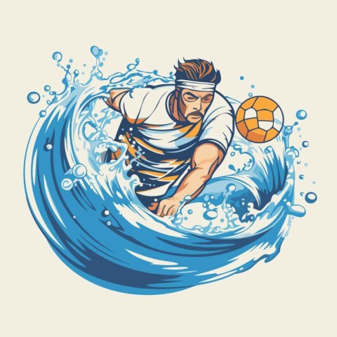 Illustration of a male surfer with a ball on the background of t