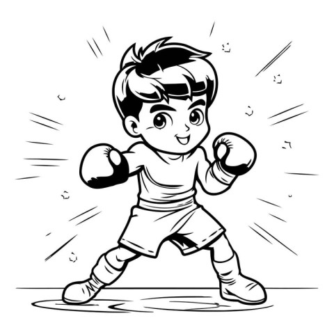 Boxing kid - Black and White Cartoon Illustration for Coloring B