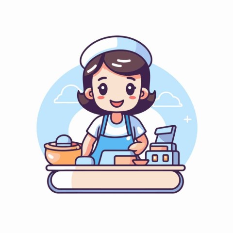 Cute little chef girl cooking in the kitchen. Vector illustratio