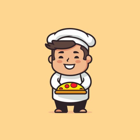 Cartoon chef with pizza. Cute and funny vector illustration.