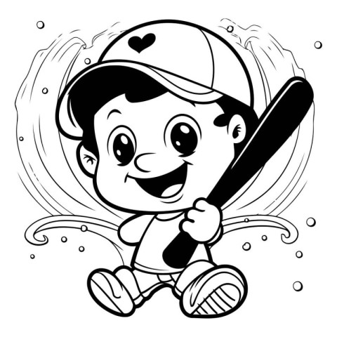 Black and White Cartoon Illustration of Cute Little Boy Baseball