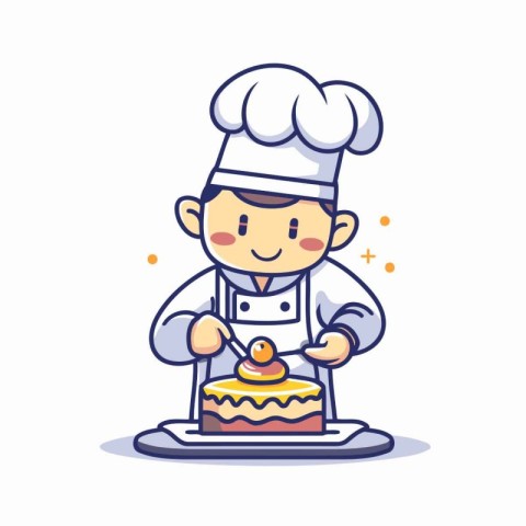 Cute boy chef with cake. Vector illustration in cartoon style.