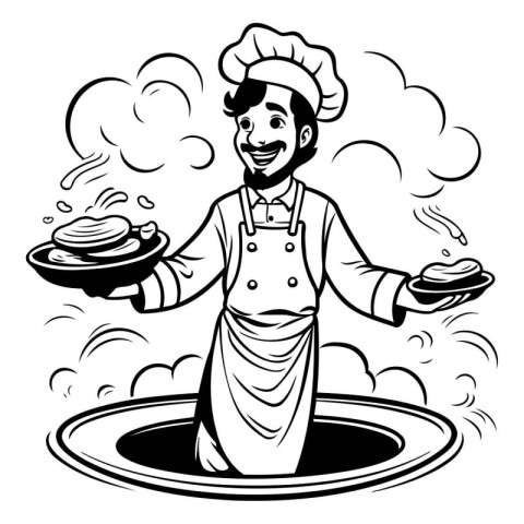 Vector illustration of a chef serving pancakes in a bowl with st