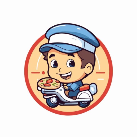 Cute boy riding scooter and eating pizza. Vector illustration.