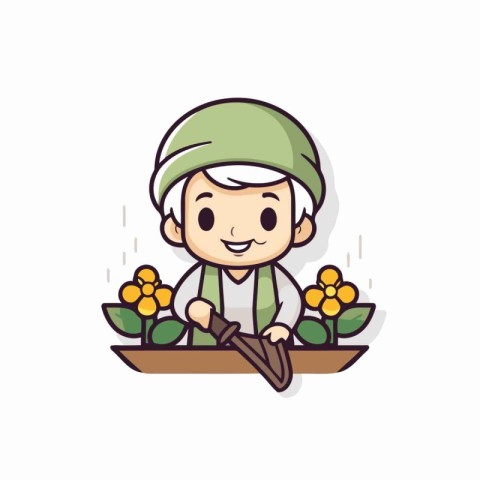 Cute chef with flowers. Vector illustration. Cute cartoon charac