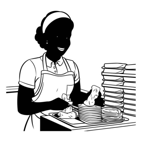 African american woman in apron making pancakes. Black and white