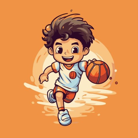 Cartoon boy playing basketball isolated on orange background. Ve