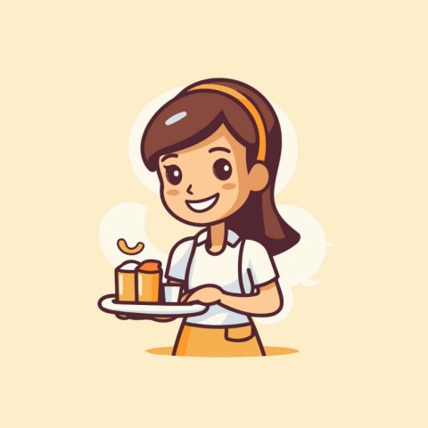 Cute girl holding a plate of cake. Vector cartoon illustration.