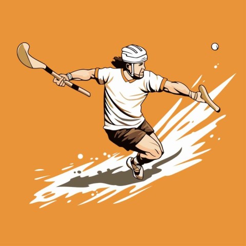 Vector illustration of a man playing lacrosse on an orange backg