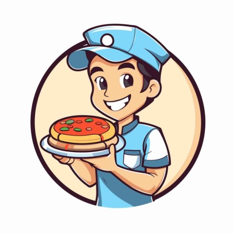 Pizza delivery boy holding a plate with pizza. Vector illustrati