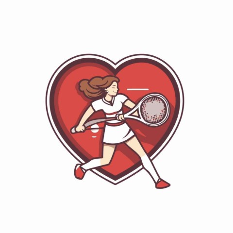 Tennis player girl holding racket and ball in heart shape. Vecto