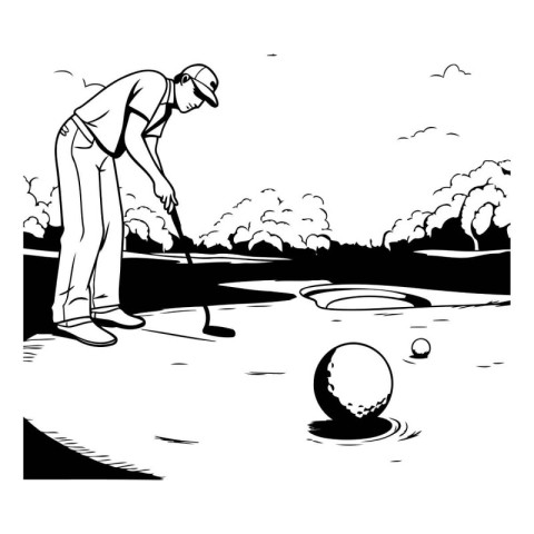 Golfer on the golf course. Black and white vector illustration.