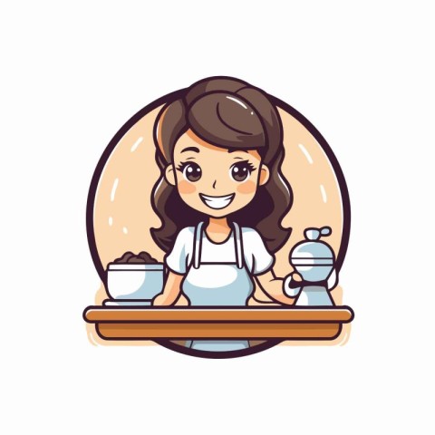 Cute little girl in apron making coffee. Vector illustration.