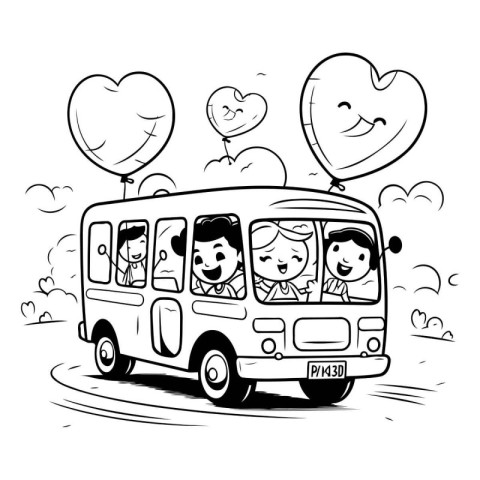 Hand drawn cartoon illustration of a school bus with children in