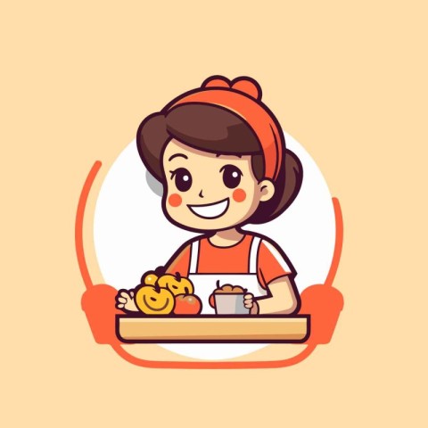 Cute girl cooking in kitchen vector illustration. Cartoon girl c