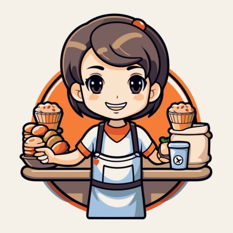 Cute cartoon girl with healthy food in the cafe. Vector illustra