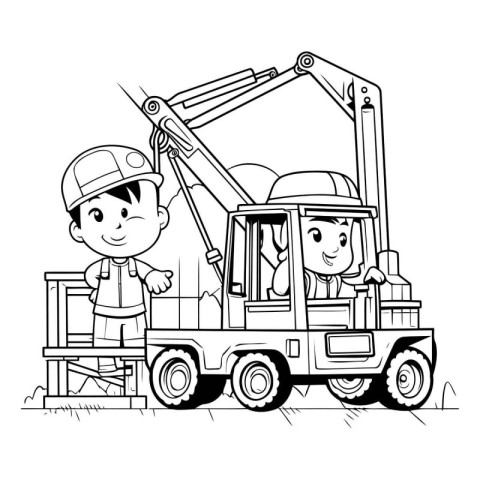 Construction workers with excavator. Black and white vector illu