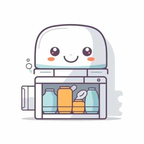 Cute funny robot with food in the fridge. Vector illustration.