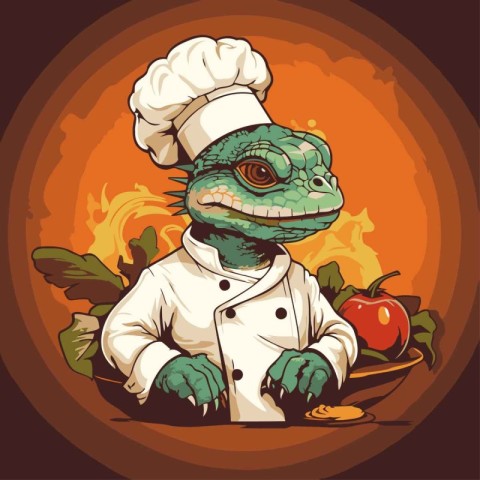 Illustration of a green crocodile in a chef's hat and a chef's u