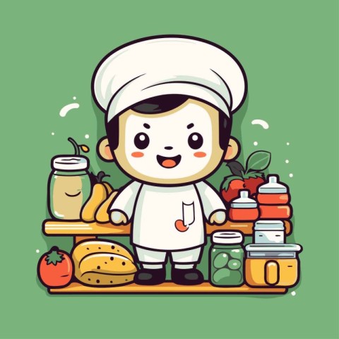 Cartoon chef with healthy food on the shelf. Vector illustration