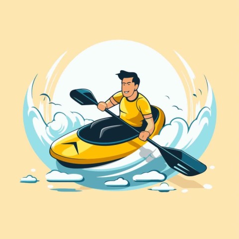 Man paddling a kayak. Vector illustration in cartoon style.