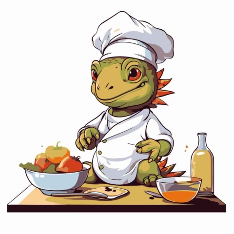 Cartoon crocodile chef cooking in the kitchen. Vector illustrati