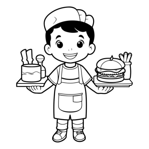 Cute chef with hamburger and french fries cartoon vector illustr