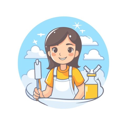 Girl with kitchen utensils. Vector illustration in cartoon style