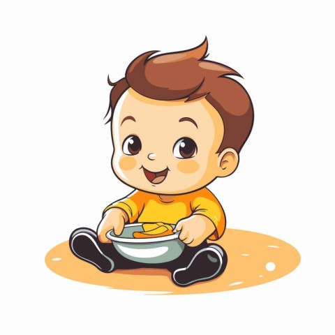 Illustration of a Cute Little Baby Boy Eating Noodles