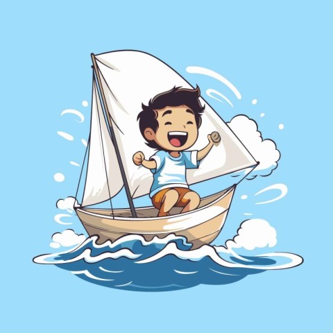 Happy boy riding a sailboat on the sea. Vector illustration.