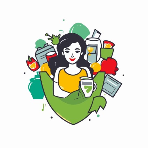 Vector illustration of a woman in a green bag with healthy food.