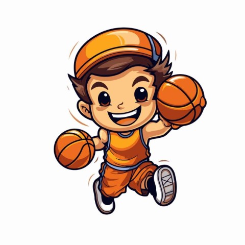 Cute little boy playing basketball. Vector illustration isolated