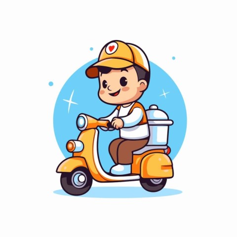 Cute cartoon boy in helmet riding scooter. Vector illustration.