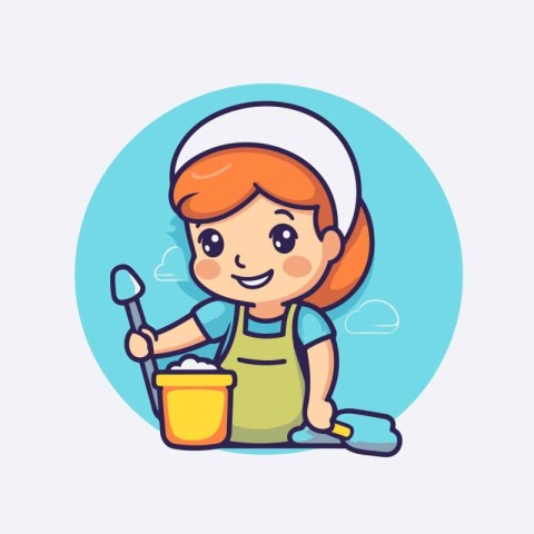 Cute little girl cooking in the kitchen. Vector illustration. fl