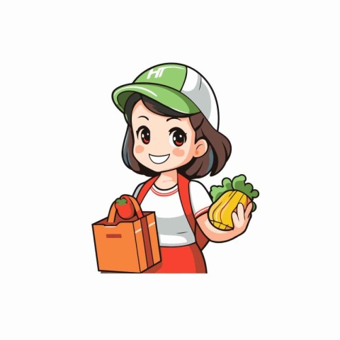 Cute girl holding fresh fruits and vegetables cartoon vector ill