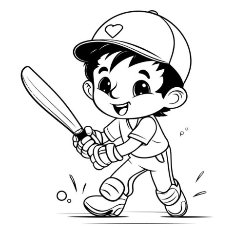 Cute boy playing baseball - Black and White Cartoon Illustration