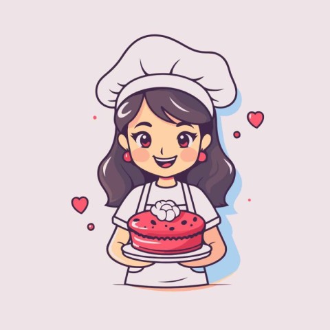 Cute girl chef holding a cake. Vector illustration in cartoon st